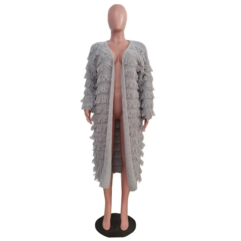 Knitted Tassel Long Sweater Cardigan Women Autumn Winter Solid Long Sleeve Loose Casual All Match Jacket Coat Trends Streetwear