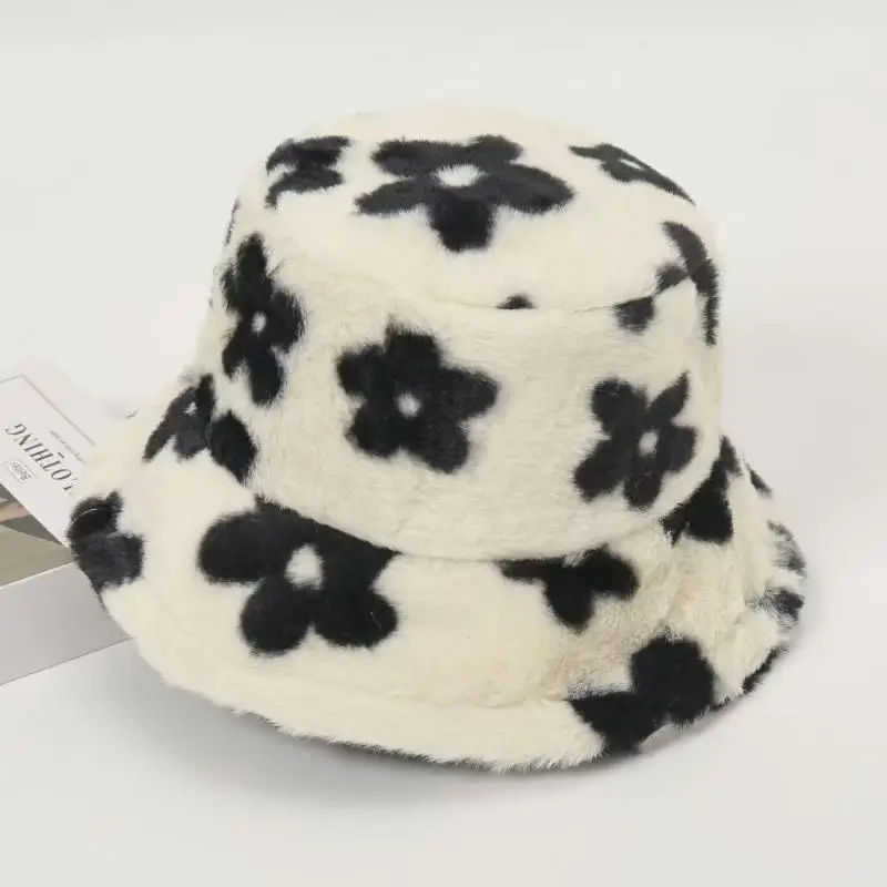 Fluffy Fur Women Bucket Hat Solid Flat Top, Outdoor Thick Warm Sun Hat for Men and Women