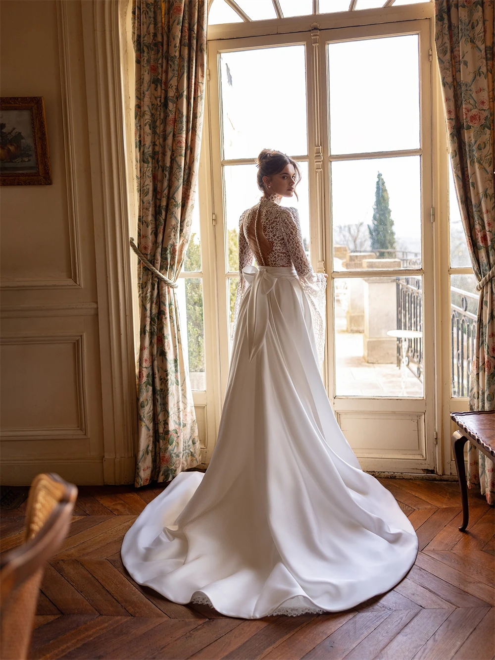 Customized Soft White Lace Wedding Dress Formal Boho O-Neck Long Sleeves Bridal Gowns Sexy Straight Court Train Vestido De Novia