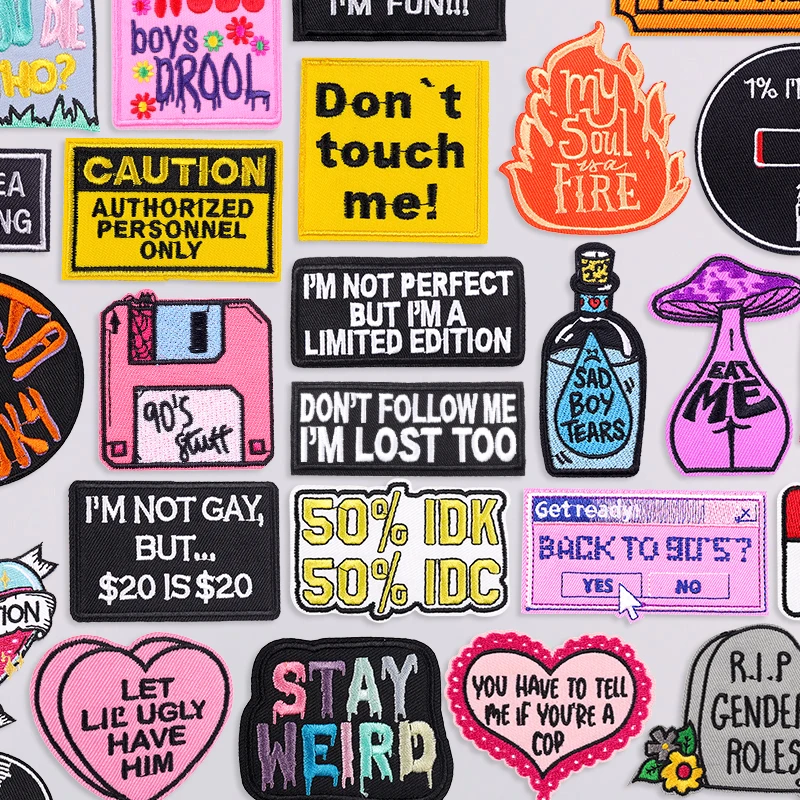 Humor Phrase Applique Iron On Patches For Clothing Stickers Letters/Text Embroidered Patches On Clothes Fusible Sewing Badges