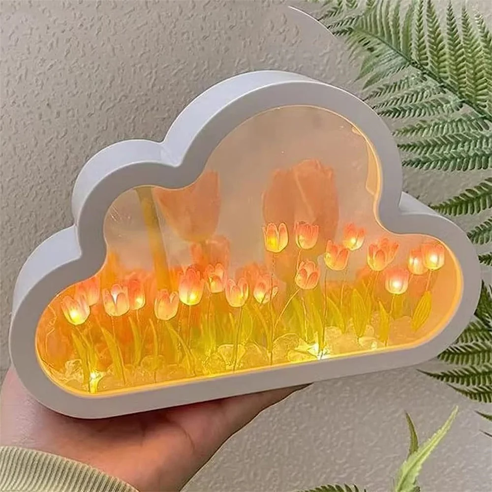 Handgemachte DIY Wolke Tulpe Spiegel kleine Nachtlicht Mädchen Schlafzimmer Ornamente kreative Foto rahmen Spiegel Tisch lampen Geburtstags geschenk