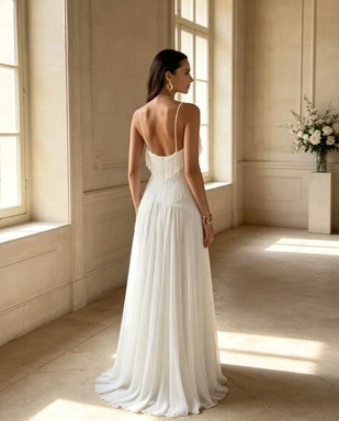 Soft Romantic Flowy Ivory Exquisite Tassel Pleated Halter A-Line Floor Length Open Back Elegant Formal Bridal Evening Gown
