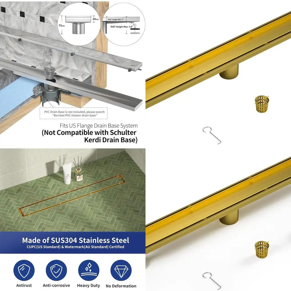 

24 Brushed Gold Linear Shower Drain with Tiled Insert, Hair Strainer, 304 Stainless Steel, CUPC Certified