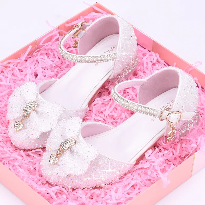 Princess White High Heels Shoes Girls Stage Catwalk Models Shoes Kid's Piano Children Dress Shoes Slipper Girl  Party Shoe