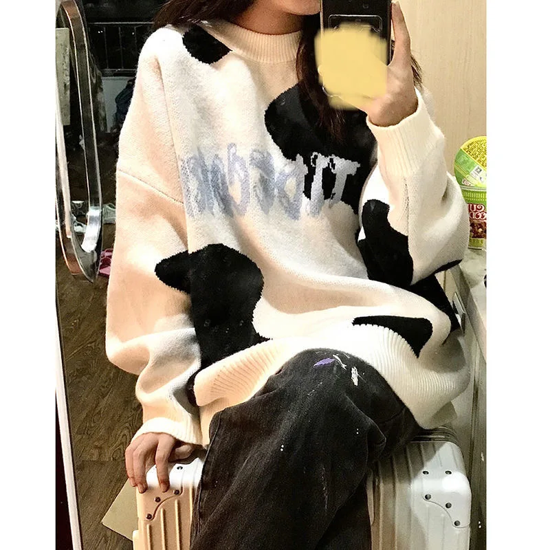 Maglione sopra la testa lungo ampio lavorato a maglia con motivo mucca carino per donna Autunno Inverno Faion Lazy Sle Riduzione dell'età di piccole dimensioni