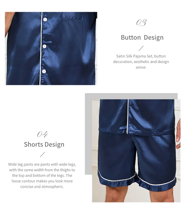 Herren-Pyjama-Set aus Satin, kurzärmelig, Sommer-Nachtwäsche für Herren, Button-Down-Hemd und Shorts mit elastischer Taille, Pyjama, Heimkleidung, 2-teilig – Detail 19