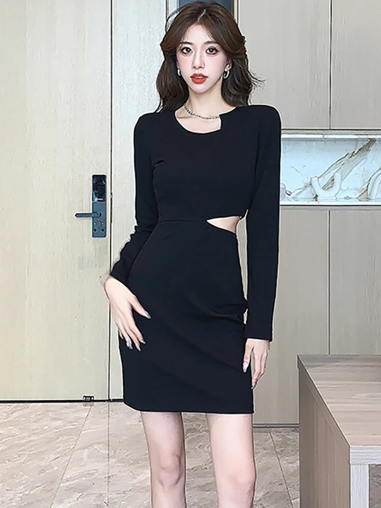 المرأة الكورية خمر هيبورن حفلة موسيقية ملابس الخريف أسود كم طويل شيك الجوف خارج فستان مثير 2025 أنيق Bodycon فستان فاخر