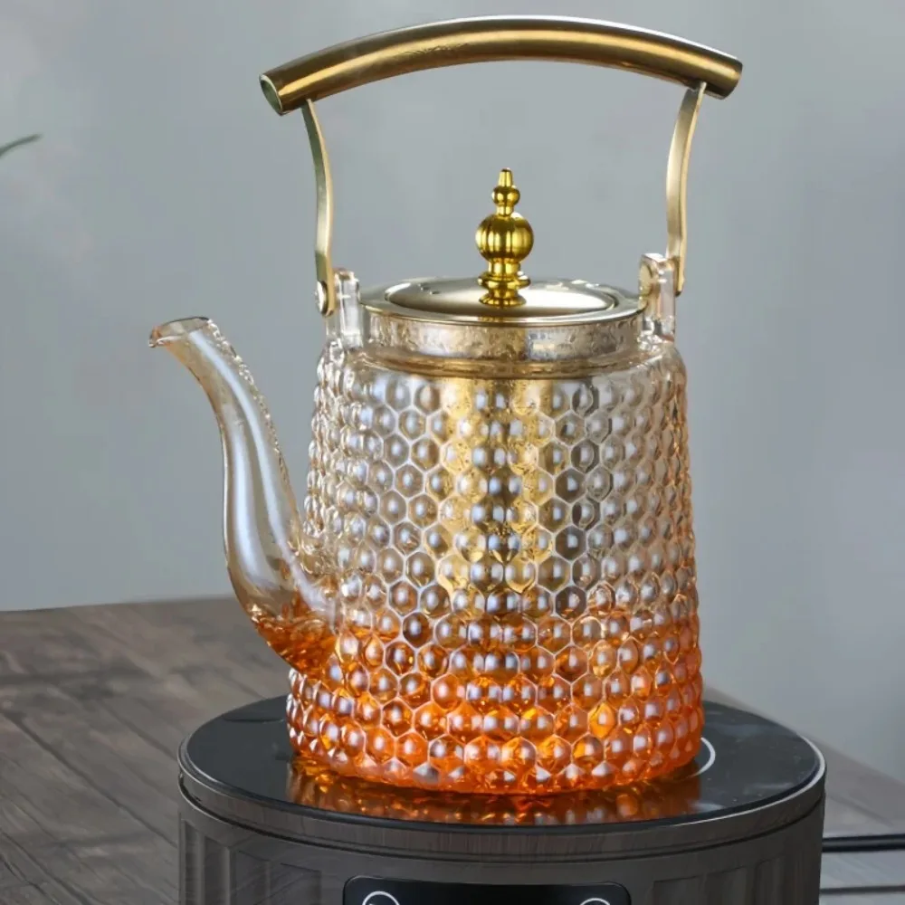 Japanese Hammered Glass Teapot, High Borosilicate with Copper Handle, Retro Beam Pot Design Large Capacity for Boiling Tea