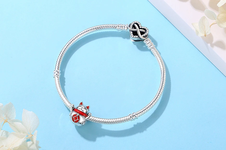 925 Sterling Silber Glücksbringer Katze Chinesisches Neujahr Anhänger Perlen Japanisches Mädchen-Design Passend für Marken-Armbänder Halsketten Damenschmuck – Detail 4