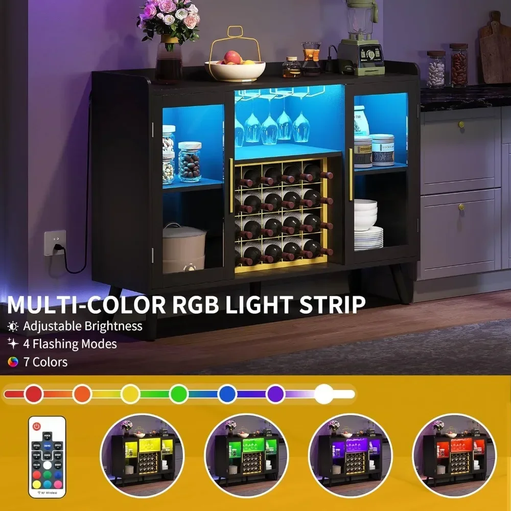 Armoire de bar à vin avec lumières LED et prises de courant, armoire de café-bar de 53 "pour français ou verres, armoire de rangement