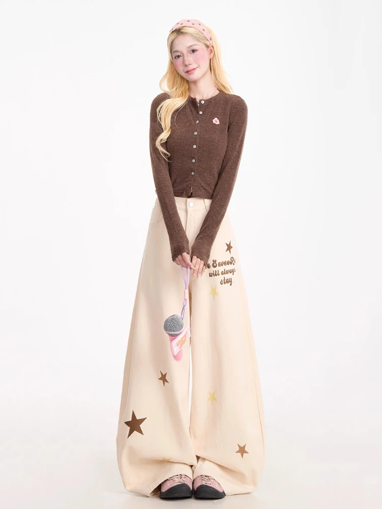 REDDACHiC Frauen Druck Stern Barrel Hosen Casual Lose Schriftzug Low Rise Taschen Breite Bein Grafik Hosen Vintage Y2k Streetwear