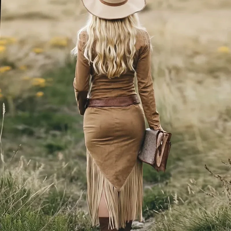 Vestido Retro occidental de ante liso con borlas empalmadas para mujer, vestido de fiesta Sexy con solapa y cremallera hueca, vestido ajustado de manga larga para otoño