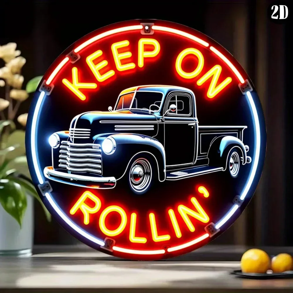 限定鉄板装飾画：ヴィンテージネオン風「Keep On Rollin」メタルサイン |   バーやスタジオ向けのレトロなウォールアート