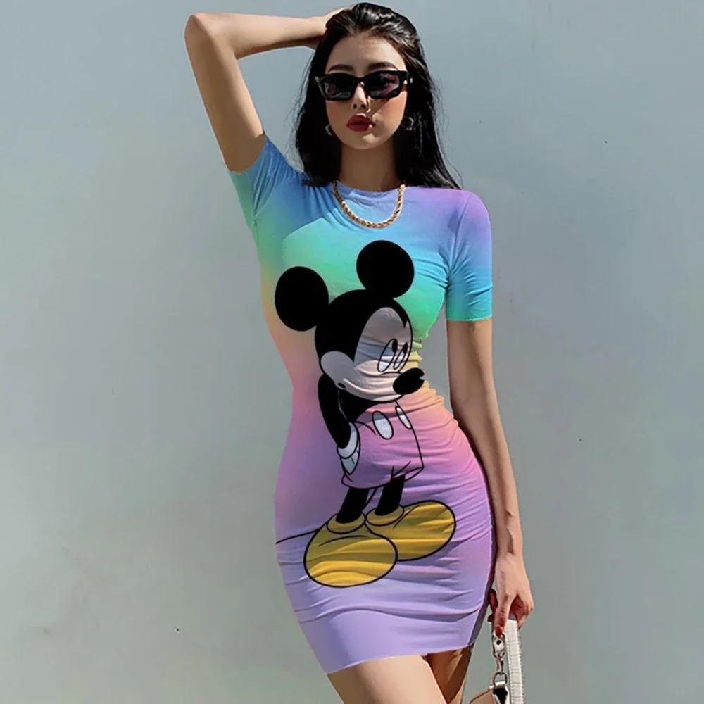 Abito elegante Disney Mickey Mouse abiti donna ufficio maniche lunghe Slim fit minigonna donna girocollo pieghettato partito pieghettato