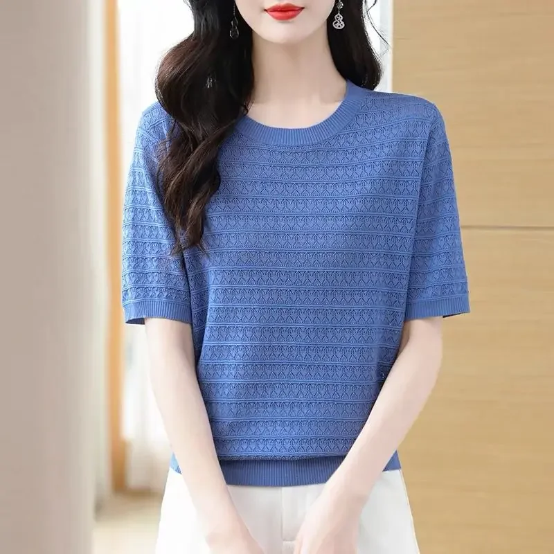 New Knitted Short-sleeved T-shirt for Women Summer Mother Dress Fashion Large-size Round Neck Loose Belly-covering Knitted Top