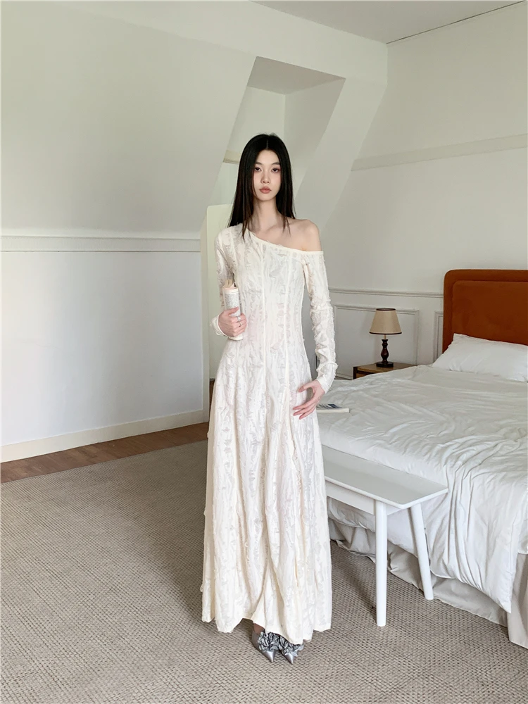 CHEERART One Shoulder Long Sleeve Knitted Maxi Dress Women White A Line Rip Tunics Long Dress Elegant 2024 Fall Fashion Clothes