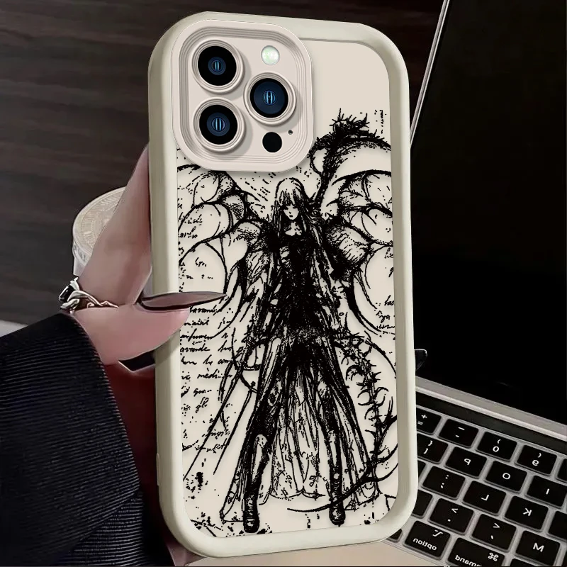 Soft Liquid Silicone Phone Case for iPhone 15 14 13 12 11 Pro Max XS X XR 8 7 6S 6 Plus SE 2020 Luxury Punk Black Angel Cover