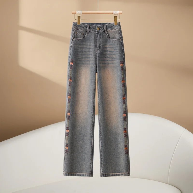 

Fashion Retro Distressed Wide-Leg Jeans Autumn Winter New High-Waisted Loose Slimming Trendy Versatile Straight-Leg Pants
