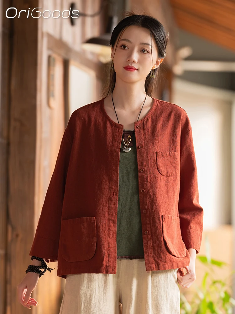 

OriGoods 2024 Spring New Coat Women Chinese style National Coat Shirt Ramie Cotton O-neck Liziqi Eastern Zen Style Tops C026