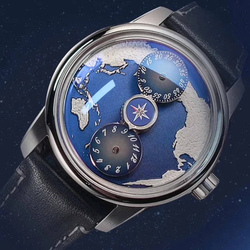 OBLVLO Men Automatic Watch 42mm Mechanical Wristwatch Luminous 50M Waterproof Sapphire Mirror Rotatable Earth Continent Dial