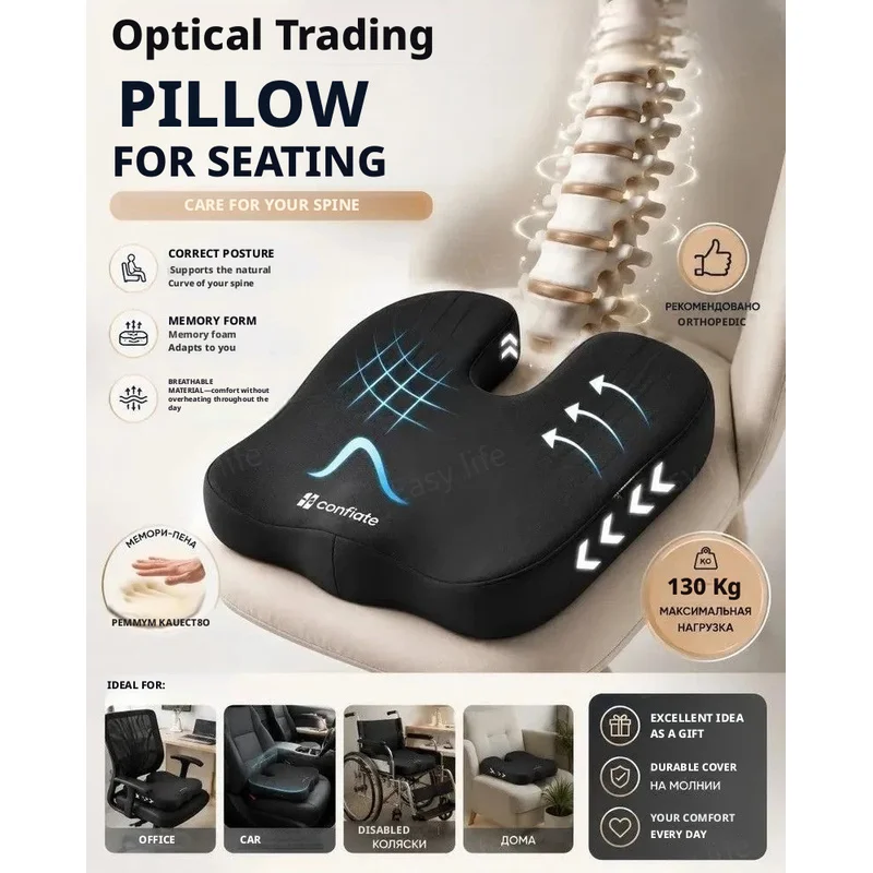Ergonomic Memory Foam Coccyx Cushion, Office Chair Seat Pad Relieve Tailbone Pain for Prolonged Sitting