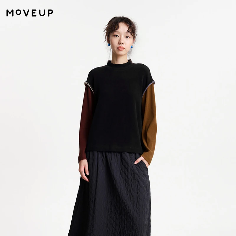 MOVEUP Long Sleeves High Neck T-Shirt 2026 Winter Asymmetric Contrast Color Sleeve Commuting Casual Base Shirt Women 3EWD10560