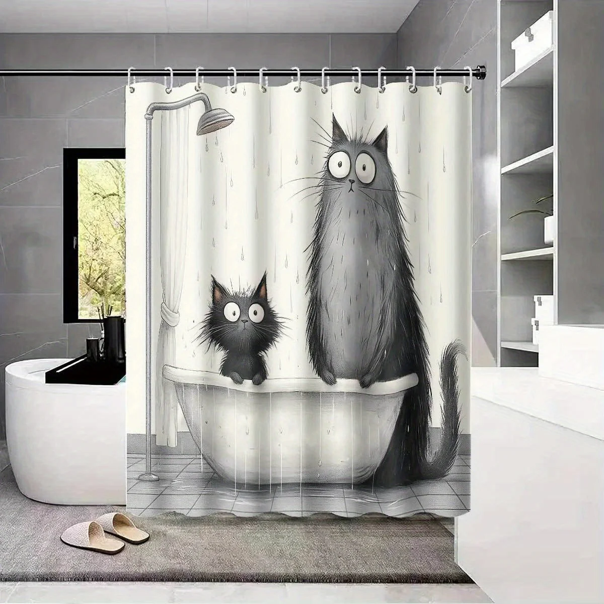 Sketch Wet Fluffy Cat Shower Curtain, Bathtub Two Shocked Kitten Water Drop Print Waterproof Bath Curtain for Cute Pet Bathroom