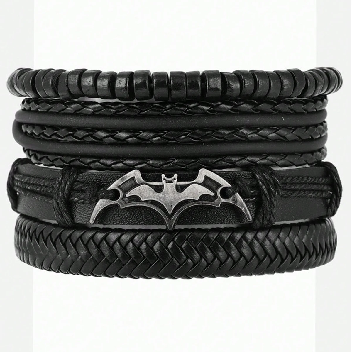 سوار مضفر من جلد البولي يوريثان على الموضة للرجال - صناعة يدوية، متعدد الطبقات مع إكسسوارات الخفافيش - اختيار مثالي للأزواج