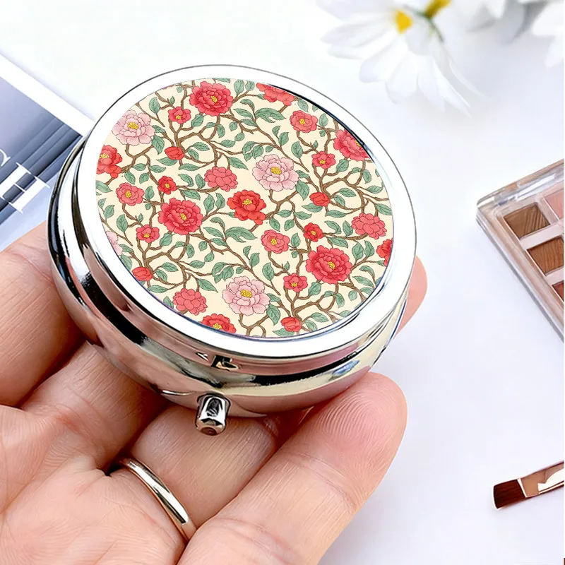 2 Vintage Pixel-Style Women's Printed Pill Boxes, with Adhesive Pattern Printing, Metal Mini Square Portable Boxes, 2 Compartments, Suitable for Storing Vitamins, Jewelry, and Medication - Unique Travel Gift