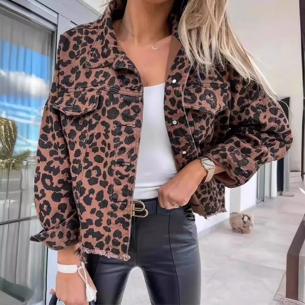 

New Style Denim Jacket Leopard Print Long Sleeve Cropped Loose Fit Casual Jacket for Women Season American Retro Ready Wear