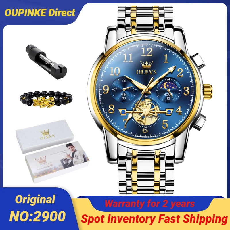 

OLEVS Original 2900 Men's Watches Moon phase Flywheel Design High Quality Stainless steel Waterproof Chronograph Watch Men NEW