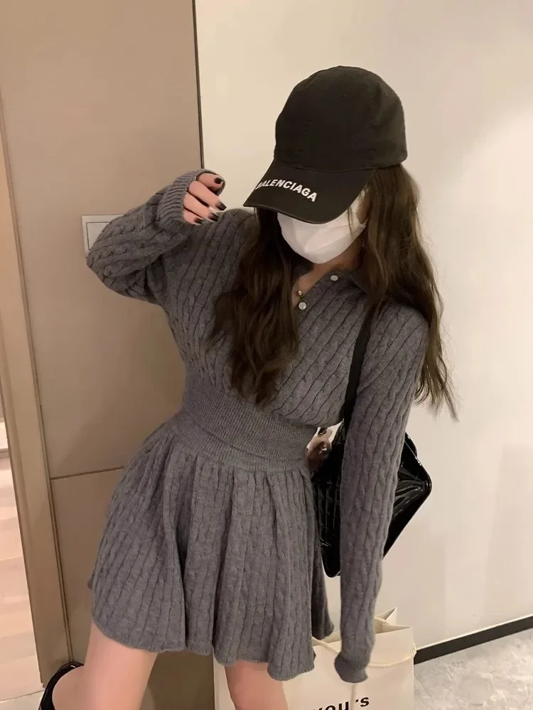 Fashion Grey Apricot Knit 2 Piece Skirt Sets Chic Girl Long Sleeve Twist Short Sweater Jumper&Pleated Mini Skirt 2PC Dress Suits