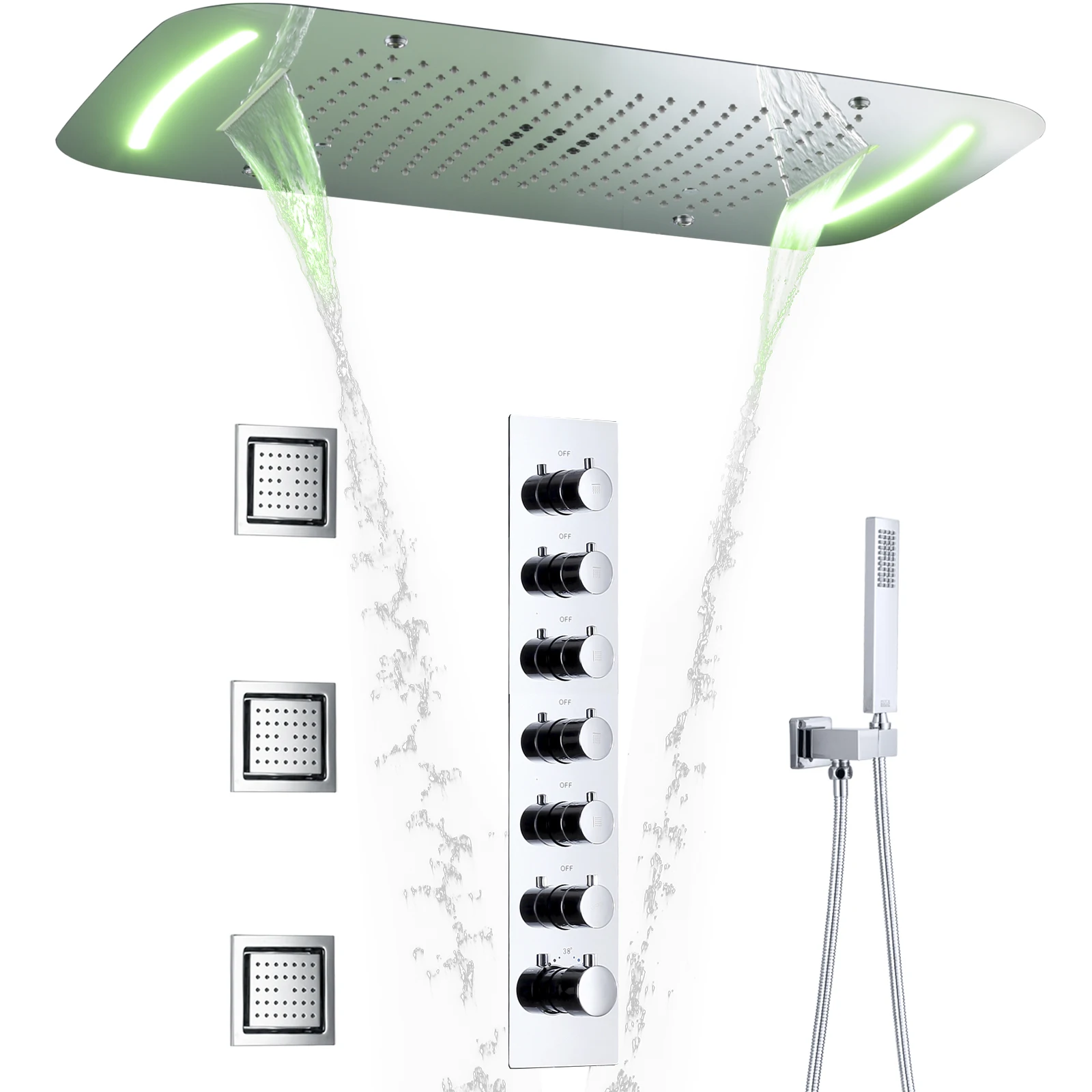 Ceiling Embedded 25*16 Inch LED Shower Head Massage Waterfall Bathroom Large Flow Thermostatic Shower Mixer Set