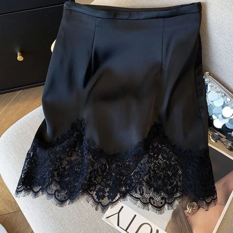 Sexy Satin Skirt Women's Summer High Waist Slim Look Silky Slim Dose Stitching Lace Skirt Thin Ropa Para Mujer