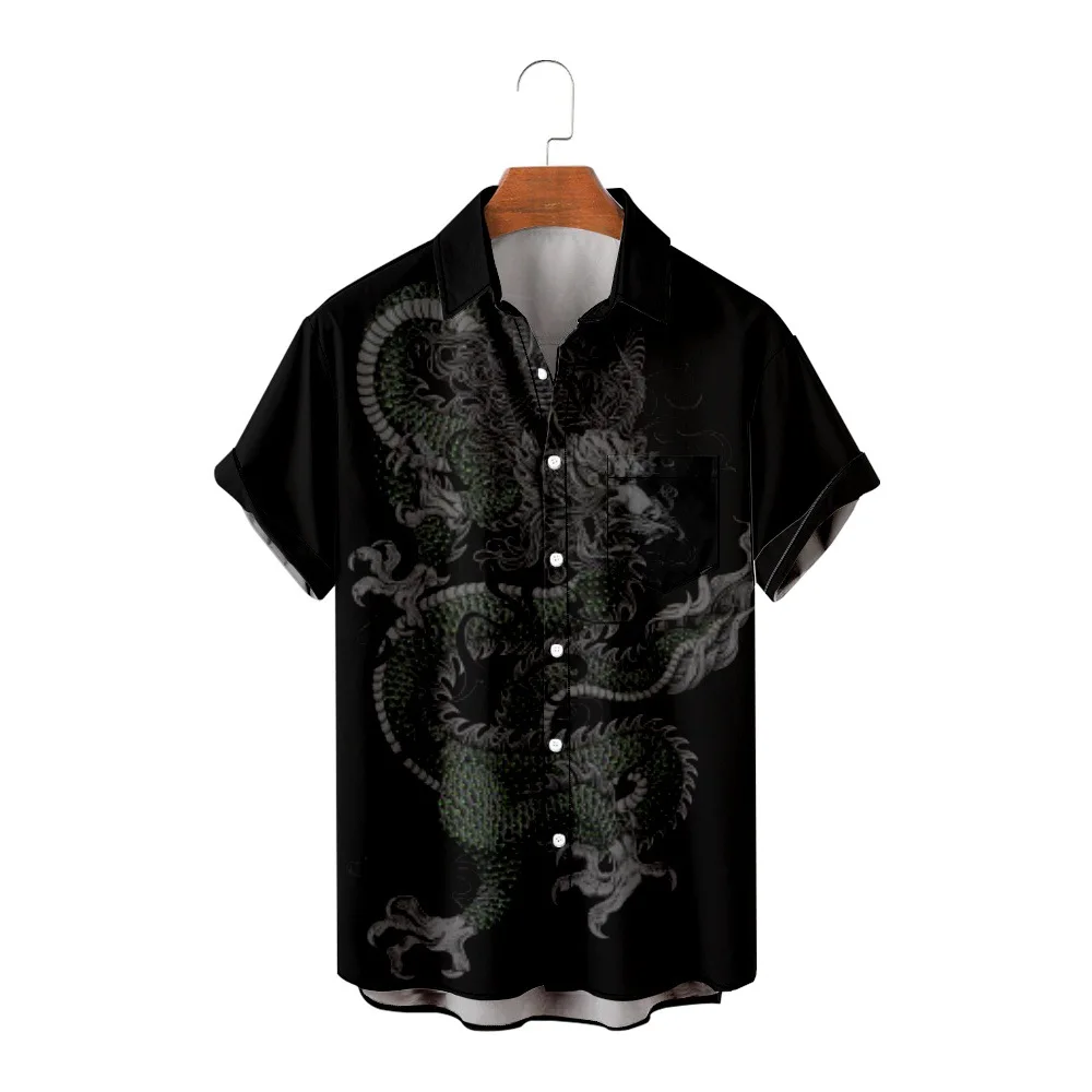 

Summer Men's Blouse Short Sleeve Shirt Beach Shorts Dragon Printed Black Holiday Party Wear Casual Clothing Streetwear