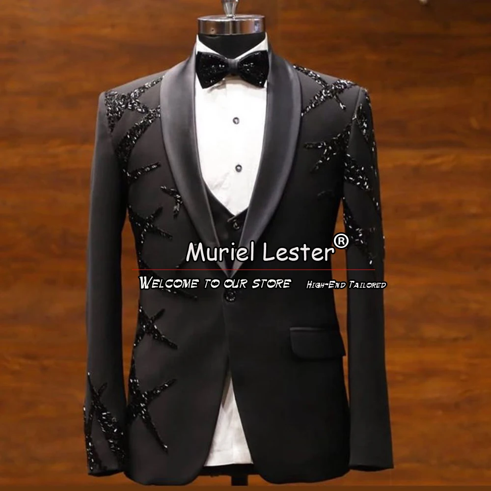 

Formal Wedding Suits For Men Black Beading Prom Blazer Sets Groom Tuxedos Tailor-Made Male Fashion Jacket Pants 2 Pieces Clothes