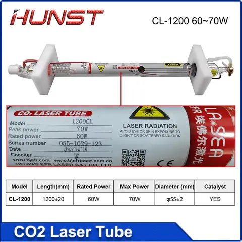 HUNST EFR CL-1200 레이저 조각 및 절단기에 적합한 CO2 레이저 튜브 직경 55mm 길이 1200mm, 60-70W