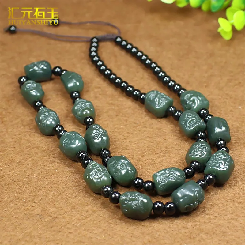 Hetian Green Eighteen Arhats Necklace for Men, Domineering Style Buddha Head Pendant with Jade Cord
