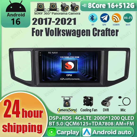 Android 16 Carplay Auto Qualcomm 2K QLED Bildschirm Autoradio für Volkswagen Crafter 2017 - 2021 GPS Wifi 4G Video BT Stereo