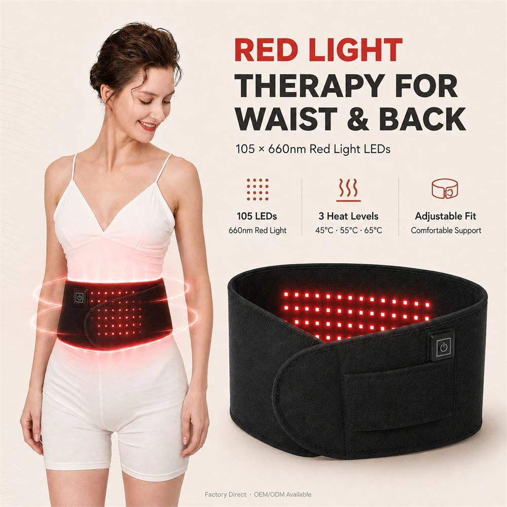 105 LEDs 660nm Red Light Therapy Belt 3 Heating Levels 45-65℃ Wearable Waist Back Massager Pad with Power Bank Pocket 5V 2A
