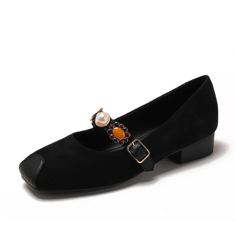 

2026 Suede Shoes Women Office Work Flat Square Toe Retro Pearl Buckle Strap Elegant Loafers Single Shoes