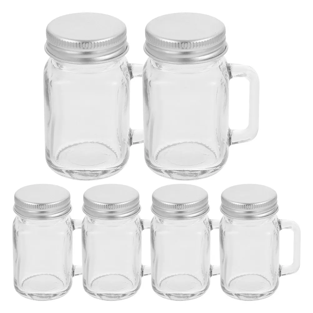 6 Frascos Mini Mason con Asas, Botellas de Vidrio Herméticas para Almacenamiento de Mermeladas, Postres, Bebidas, Snacks de Viaje, Miel y Condimentos