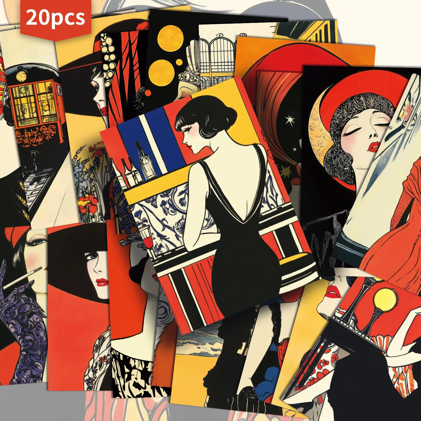 20PCS Vintage 1920s Fashion Portrait Postcards, Classic Pinup Illustrations, Suitable for Scrapbooks and Handmade Crafts