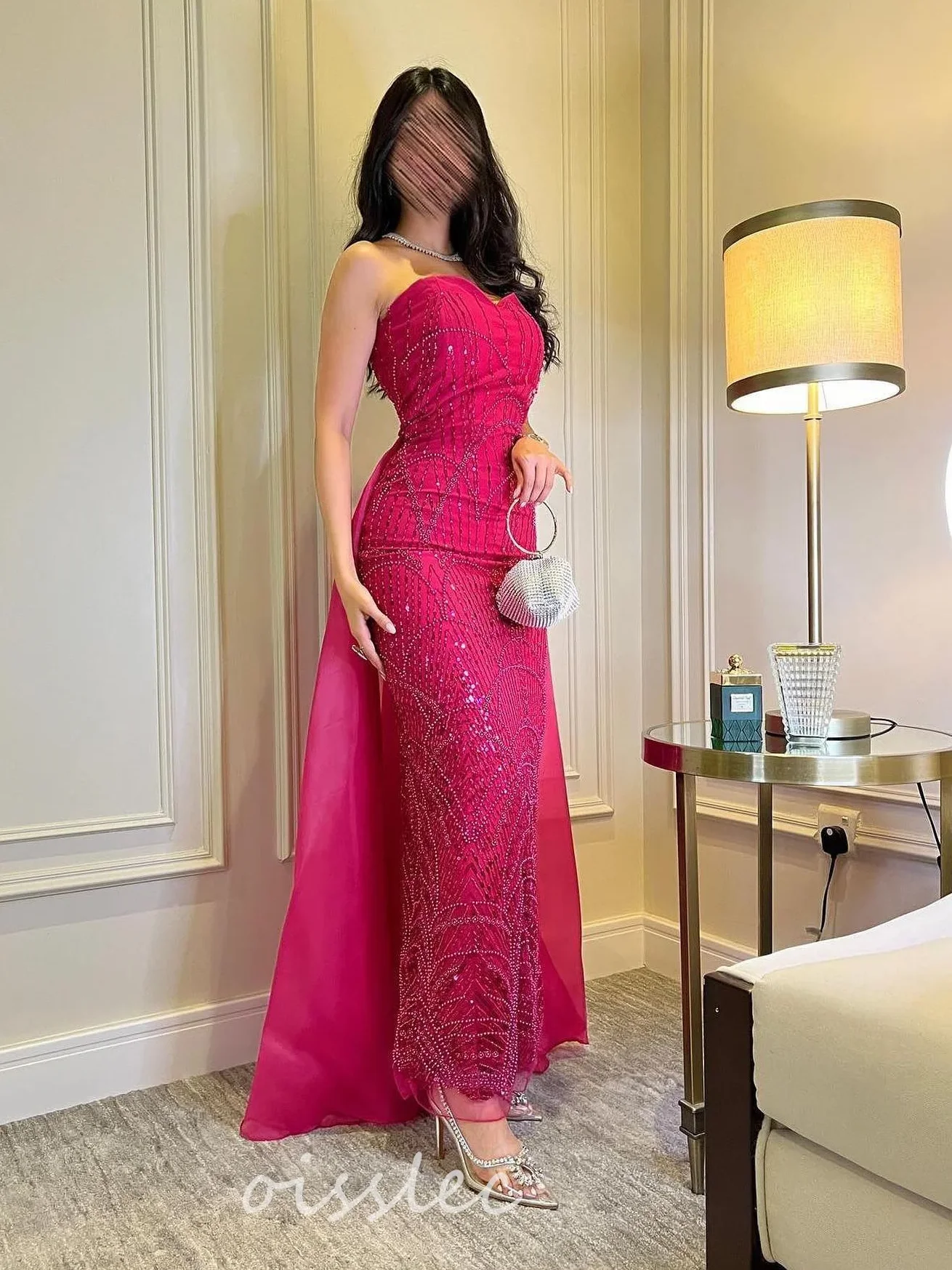 

Oisslec Luxury Beaded Prom Dresses Strapless Long Elegant Party Evening Formal Dress Fuchsia Saudi Arabia Women Gown Train