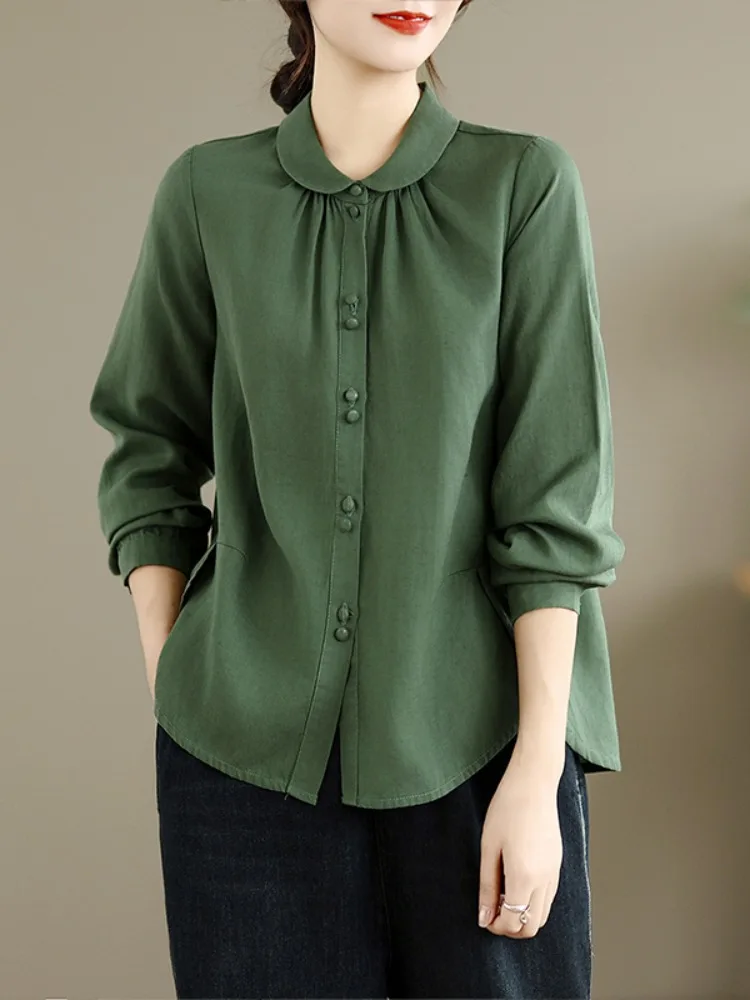 

Женская льняная рубашка свободного кроя с длинным рукавом и воротником-стойкой, повседневная, дышащая, комфортная, зеленого цвета, осенняя верхняя одежда