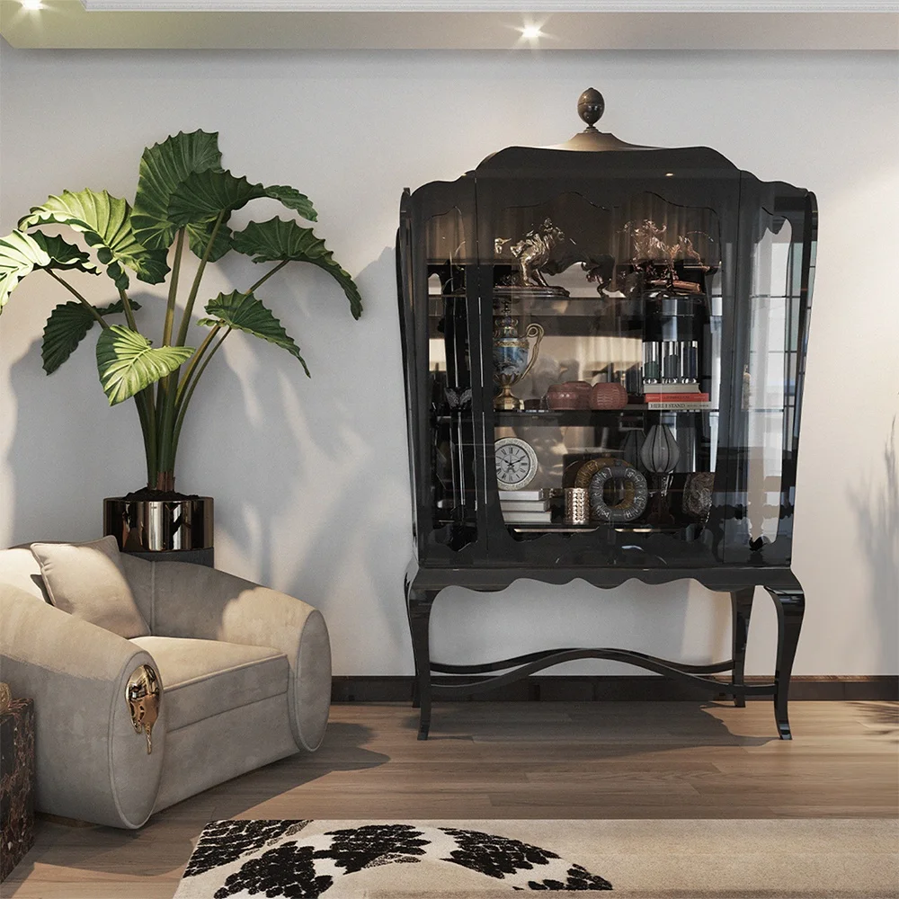 

French luxury dining room corner sideboard cabinet solid wood glass wine cabinet modern hotel villa living room display cabinet