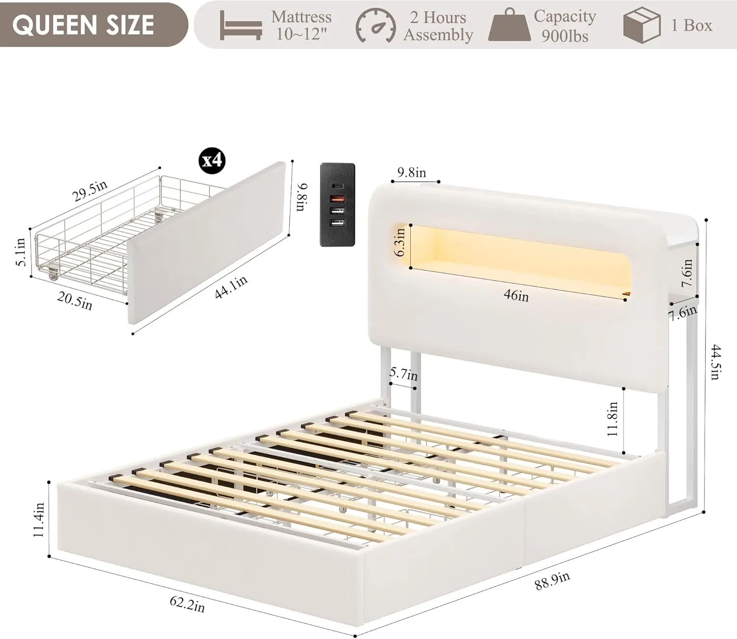 Queen LED Bed Frame with Storage Headboard and Charging Station, Kids Bed Frame with 4 Drawers and USB Ports, Velvet Upholstered