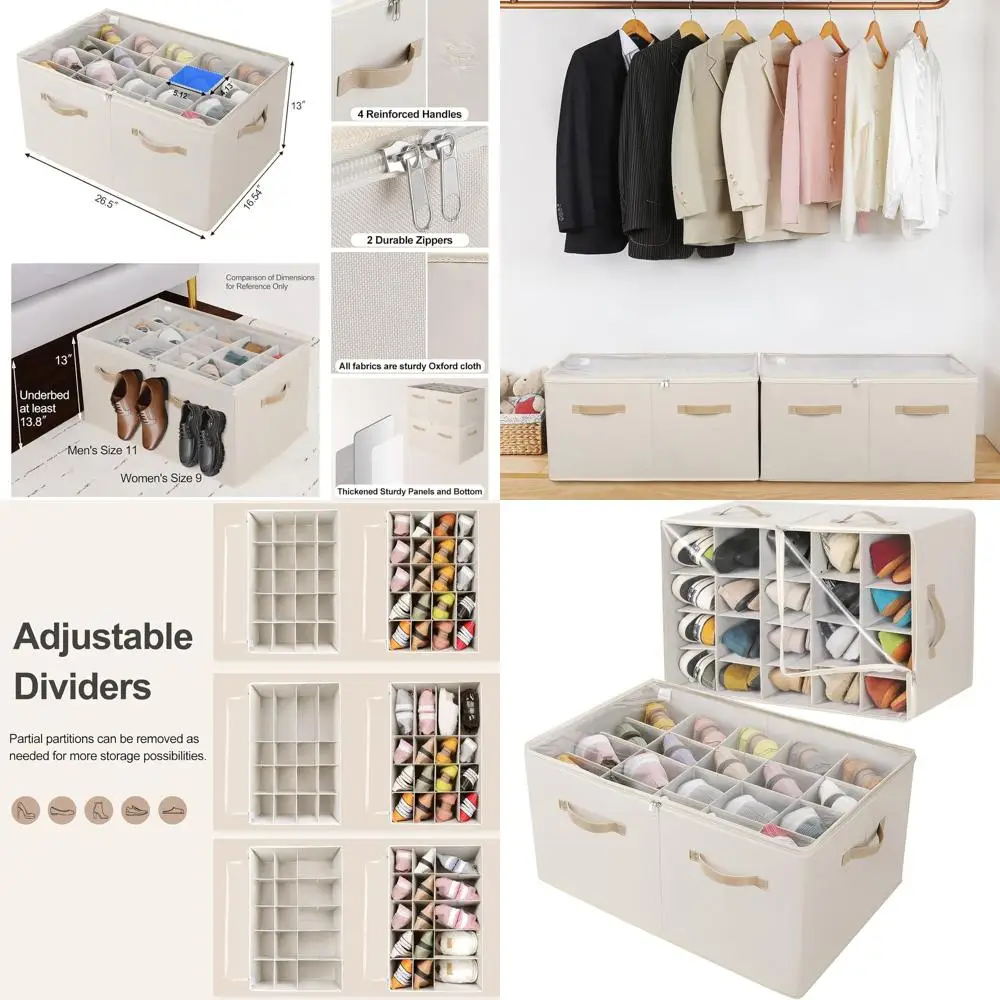 

2-Pack Foldable Shoe Organizer with Adjustable Dividers and Clear Covers, Space-Saving Storage for 40 Pairs, Beige