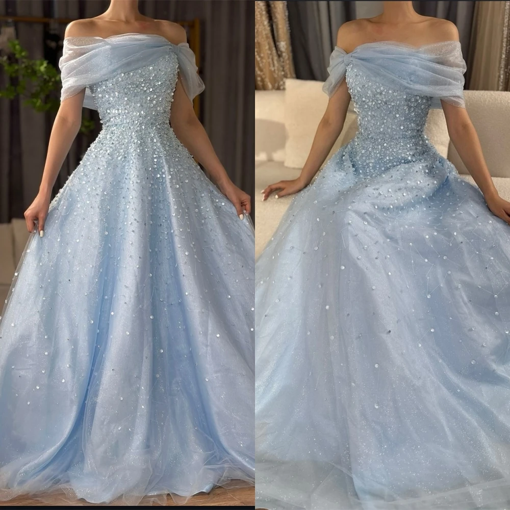 

Manmuxi Customized A-Line Sparkly Bridal Gowns Off the Shoulder Pearls Luxury Robe de mariée Crystal Sleeveless Wedding Dress