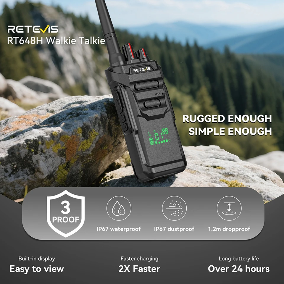 Retevis RT648H IP67 Waterproof Walkie Talkie PMR FRS Hidden Display Durable Two-way Radio VOX Fast Charging Radio for Warehouse